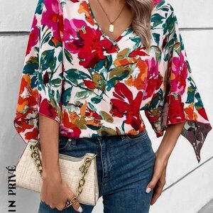 SHEIN Privé Floral Print Batwing Sleeve Blouse